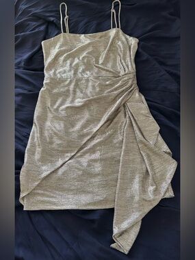 Metallic Gold Ruched Strap Cocktail Dress